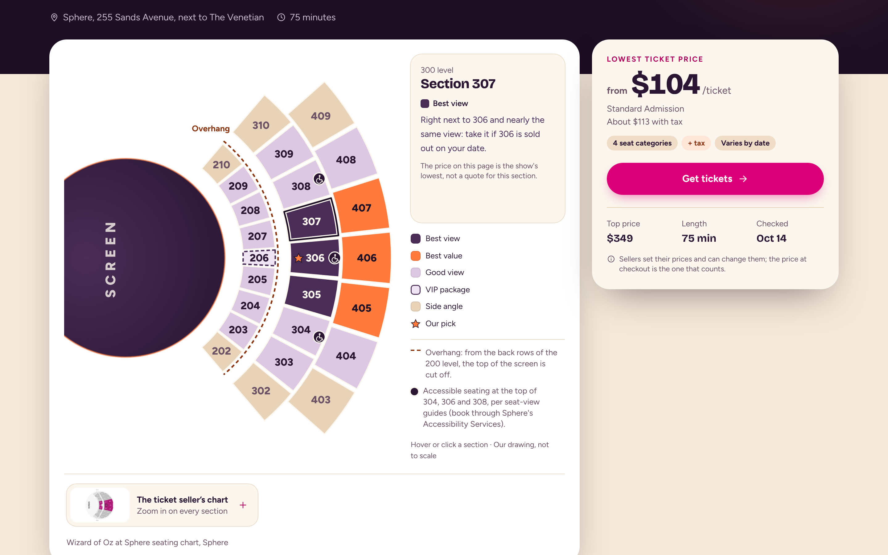 LasVegasJaunt interactive seating map for a show at Sphere, with section details and lowest ticket price