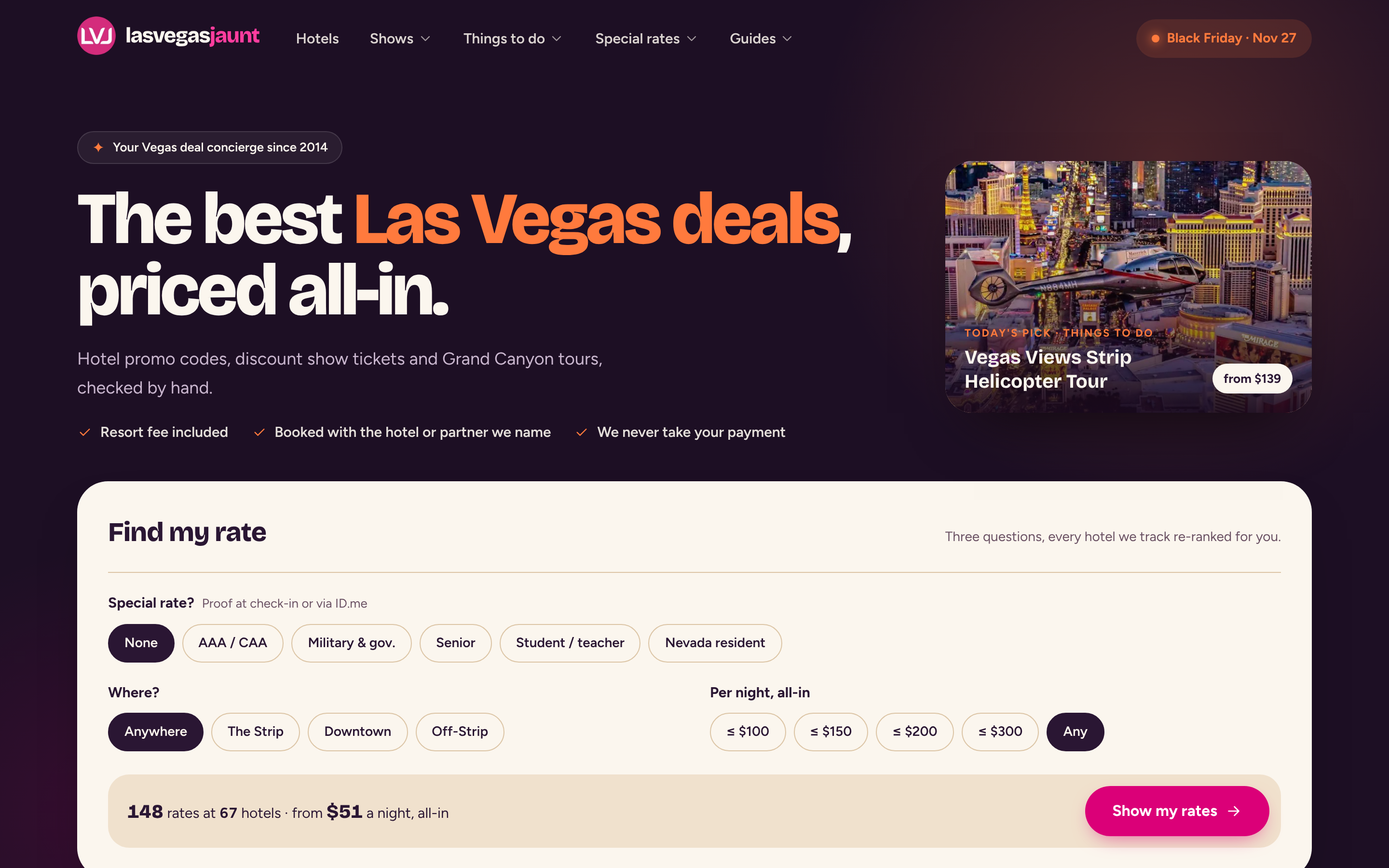 LasVegasJaunt new site: homepage with all-in Las Vegas deals and a rate finder