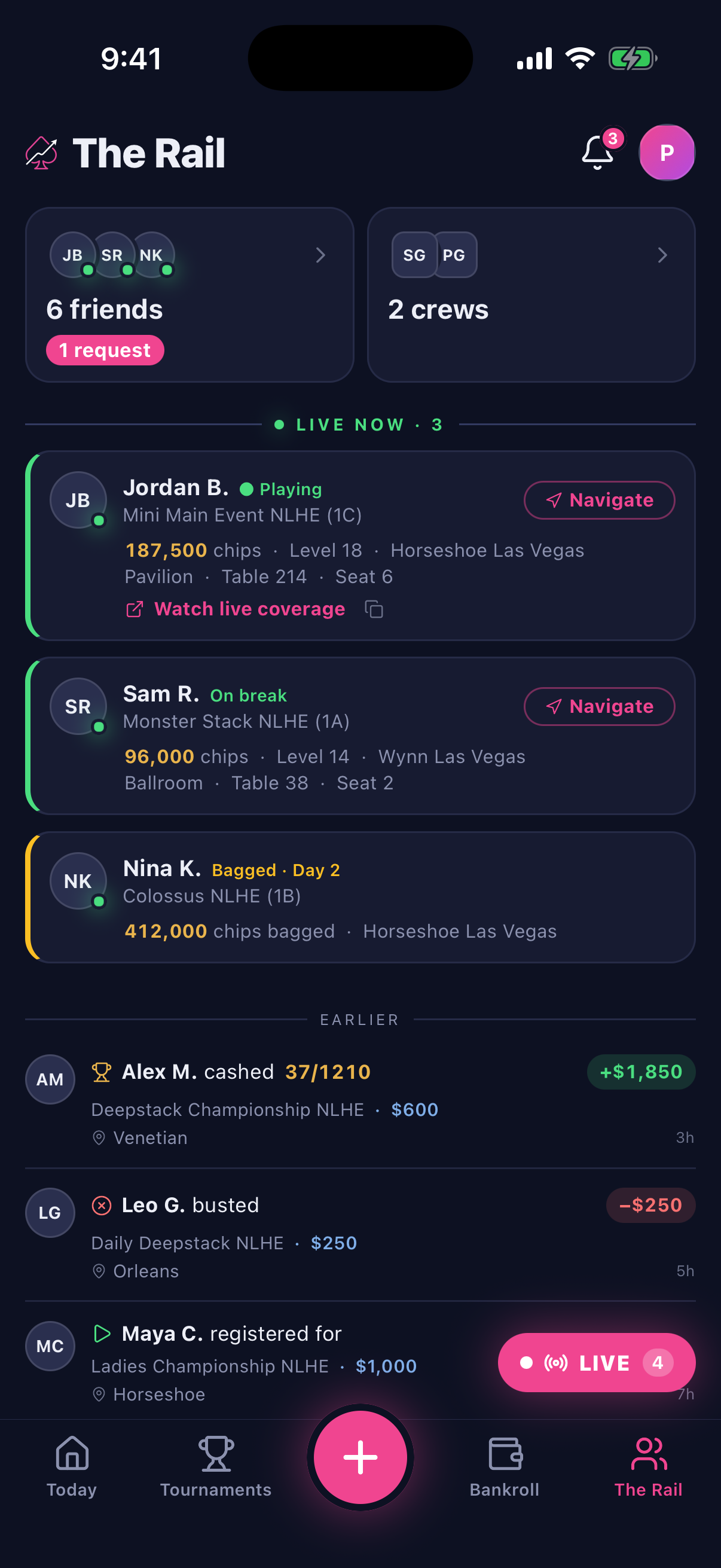 MyPokerSeries mobile app: The Rail, with friends playing live and an activity feed
