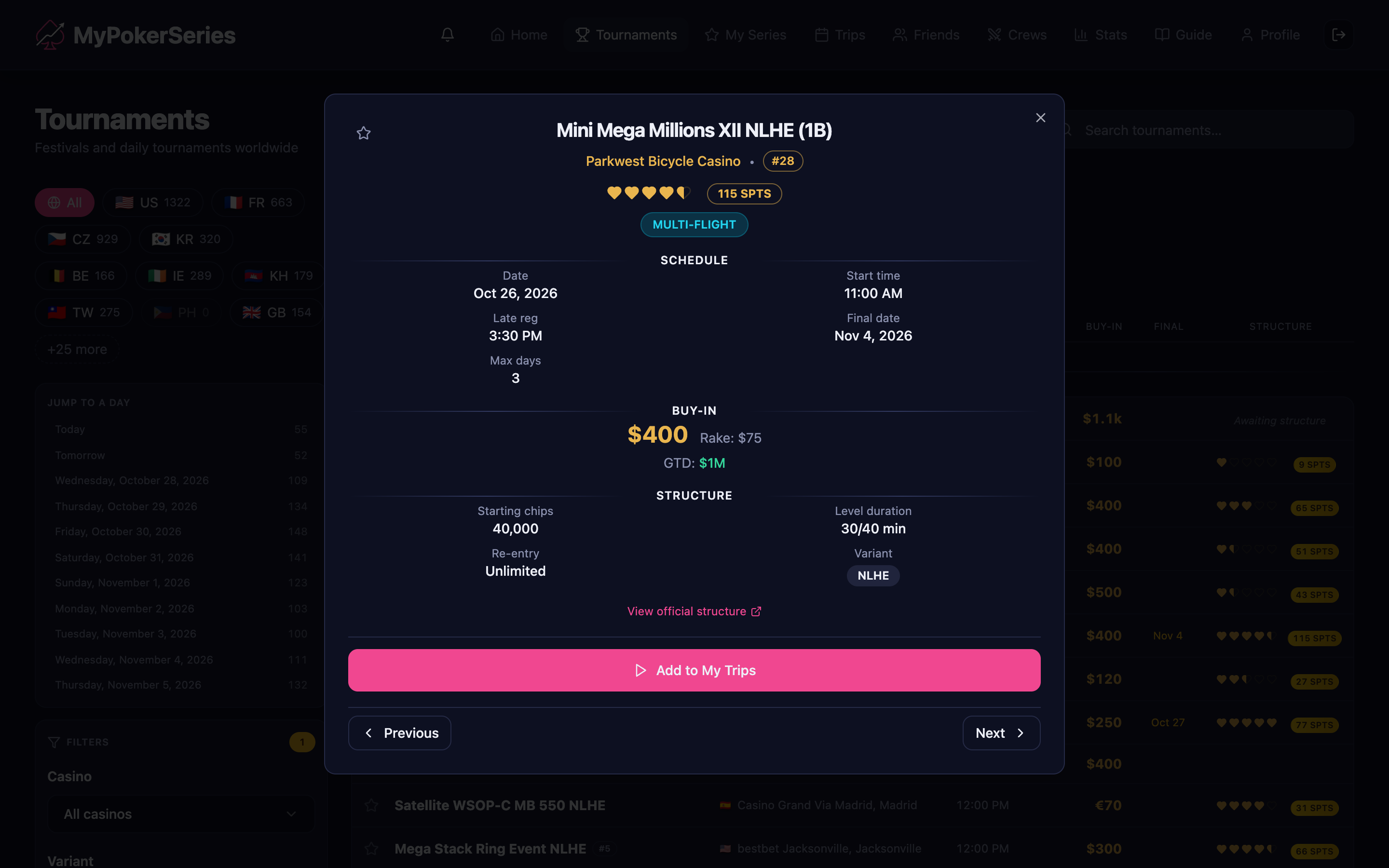 MyPokerSeries web app: tournament detail with structure rating, schedule, buy-in and structure