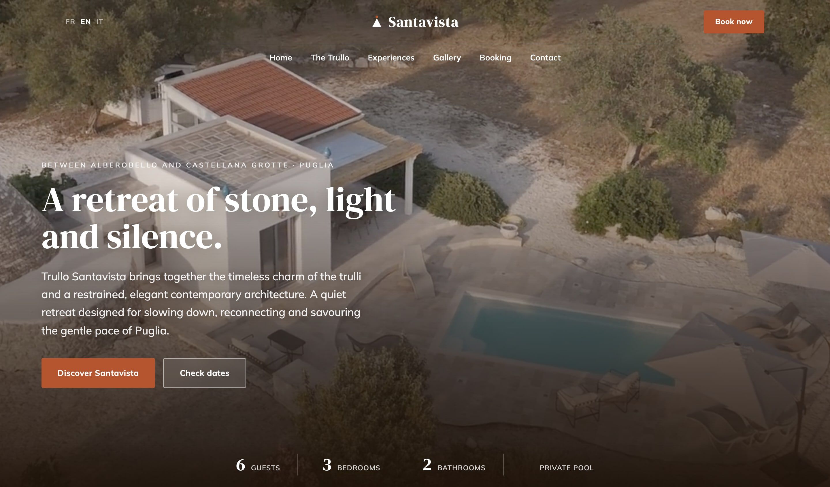 Homepage of the trullosantavista.com website